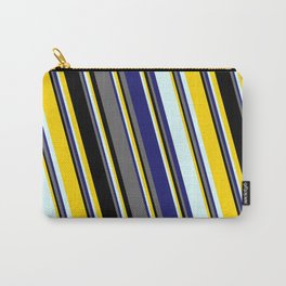 [ Thumbnail: Yellow, Light Cyan, Midnight Blue, Dim Grey & Black Colored Striped Pattern Carry-All Pouch ]