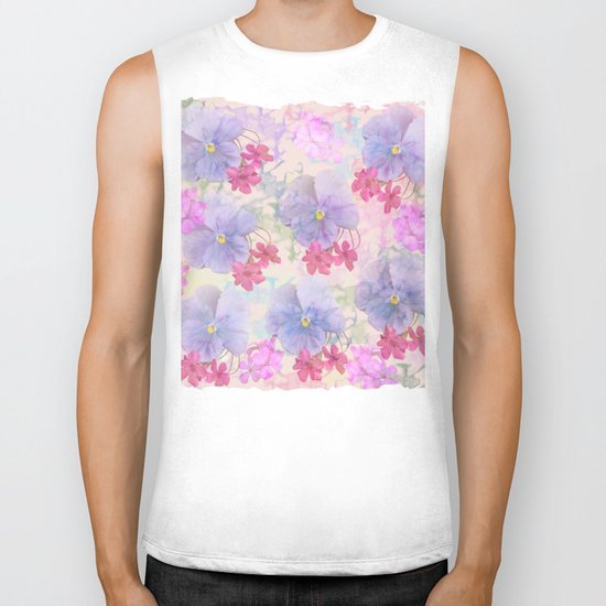 Painterly purple pansies and pink Oxalis Biker Tank