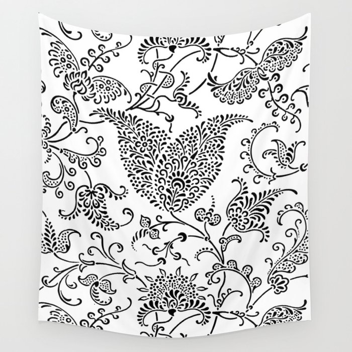 Vintage Floral Ornament Design Black White Wall Tapestry