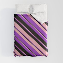 [ Thumbnail: Light Pink, Dark Orchid, and Black Colored Lines/Stripes Pattern Duvet Cover ]