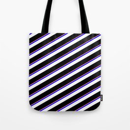[ Thumbnail: Light Coral, Blue, White & Black Colored Striped Pattern Tote Bag ]