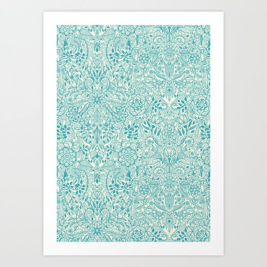 Detailed Floral Pattern in Teal and Cream Art Print