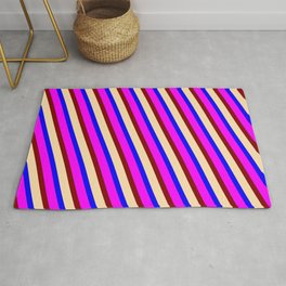 [ Thumbnail: Blue, Fuchsia, Maroon, and Tan Colored Lined Pattern Rug ]