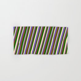 [ Thumbnail: Beige, Slate Blue, Brown, and Dark Green Colored Lines/Stripes Pattern Hand & Bath Towel ]