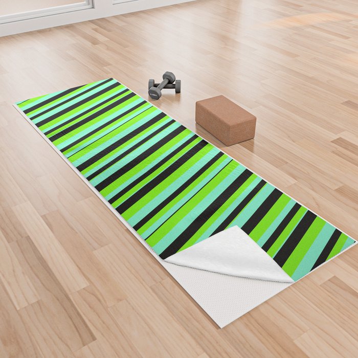 Aquamarine, Green & Black Colored Lines/Stripes Pattern Yoga Towel
