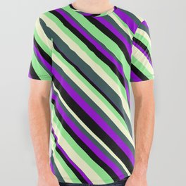 [ Thumbnail: Light Green, Light Yellow, Dark Slate Gray, Dark Violet, and Black Colored Lines/Stripes Pattern All Over Graphic Tee ]