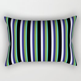 [ Thumbnail: Eye-catching Turquoise, Green, Midnight Blue, Lavender, and Black Colored Striped Pattern Rectangular Pillow ]