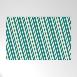 [ Thumbnail: Teal & Beige Colored Lined/Striped Pattern Welcome Mat ]