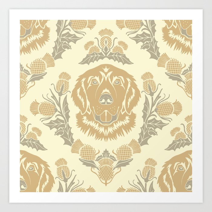 Golden Retriever with Thistle Damask Pattern Art Print