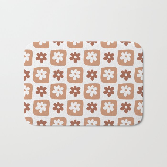 Hand-Drawn Checkered Flower Shapes Pattern (Monochromatic Brown) Bath Mat