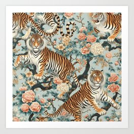 Chinoiserie Tiger Floral Pattern Art Print