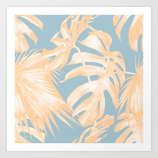 Tropical Leaves Citrus on Ocean Blue Art Print