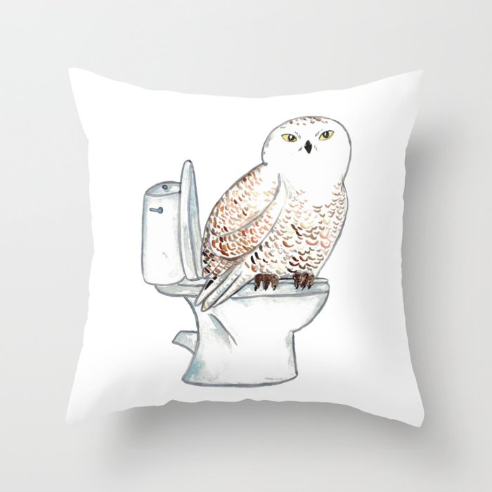 Snowy Owl taking bath Painting Throw Pillow