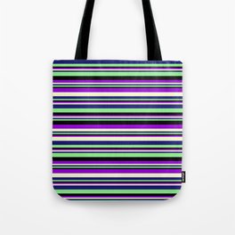 [ Thumbnail: Dark Violet, Light Yellow, Midnight Blue, Light Green, and Black Colored Lined/Striped Pattern Tote Bag ]