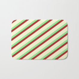 [ Thumbnail: Light Green, Red, and Light Yellow Colored Lined/Striped Pattern Bath Mat ]