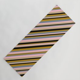 [ Thumbnail: Vibrant Light Slate Gray, Pink, Tan, Black, and Dark Goldenrod Colored Lined Pattern Yoga Mat ]