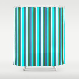 [ Thumbnail: Light Cyan, Blue, Dark Olive Green & Aqua Colored Stripes/Lines Pattern Shower Curtain ]