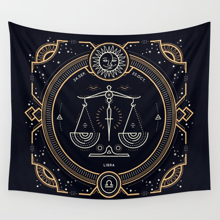 Libra Zodiac Golden White on Black Background Wall Tapestry by Redharmony Design Society6