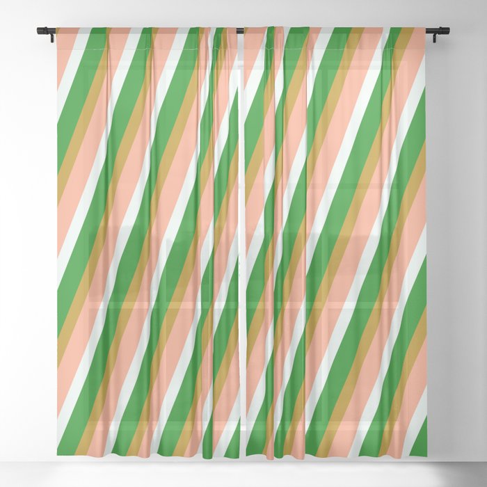 Dark Goldenrod, Light Salmon, Mint Cream, and Green Colored Pattern of Stripes Sheer Curtain