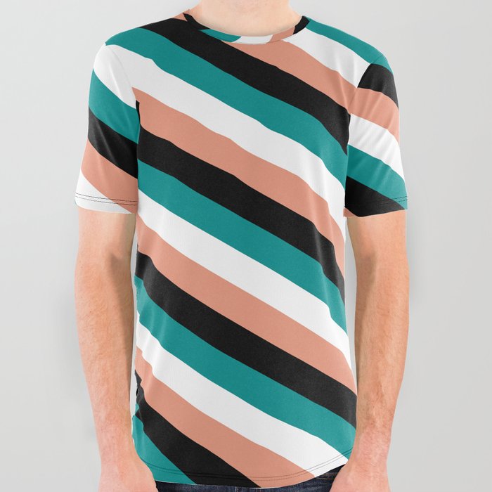 Dark Salmon, Black, Dark Cyan, and White Colored Lines/Stripes Pattern All Over Graphic Tee