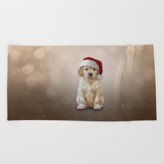 Drawing puppy Golden Retriever in red hat of Santa Claus Beach Towel