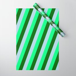 [ Thumbnail: Light Blue, Green, and Dark Green Colored Pattern of Stripes Wrapping Paper ]