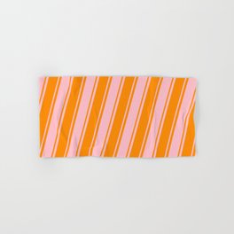 [ Thumbnail: Pink and Dark Orange Colored Lines/Stripes Pattern Hand & Bath Towel ]
