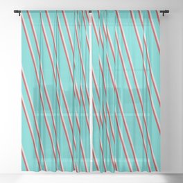 [ Thumbnail: Turquoise, Light Grey & Red Colored Lines/Stripes Pattern Sheer Curtain ]