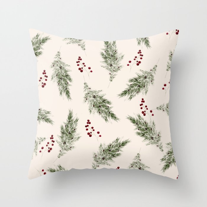 Evergreen & Berries in Light Linen Throw Pillow