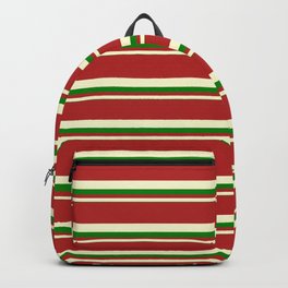 [ Thumbnail: Red, Light Yellow, and Green Colored Striped/Lined Pattern Backpack ]
