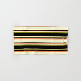 [ Thumbnail: Coral, Light Yellow, Green, and Black Colored Lined/Striped Pattern Hand & Bath Towel ]
