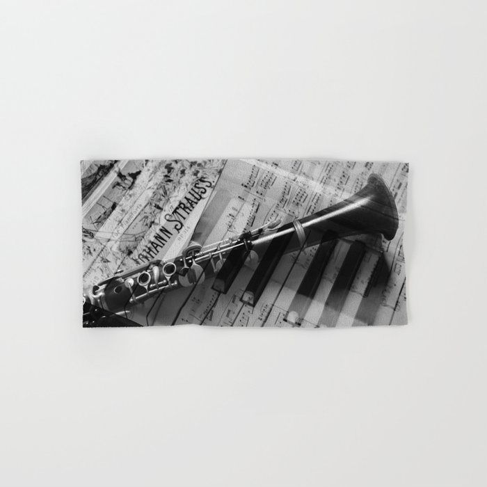 clarinet and piano - black and white Hand & Bath Towel