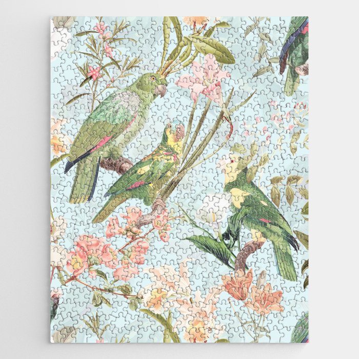 Vintage Pastel Tropical And Exotic Birds Botanical Flower Garden Jigsaw Puzzle