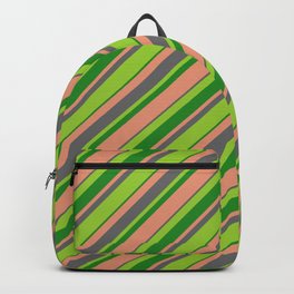 [ Thumbnail: Green, Forest Green, Dark Salmon, and Dim Gray Colored Striped/Lined Pattern Backpack ]