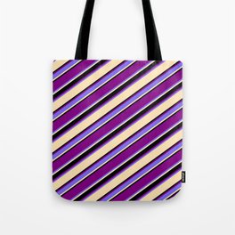 [ Thumbnail: Purple, Medium Slate Blue, Beige, and Black Colored Striped/Lined Pattern Tote Bag ]