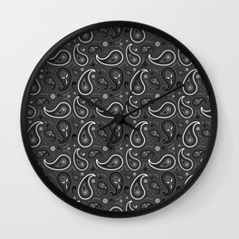 Black and White Paisley Pattern on Dark Grey Background Wall Clock