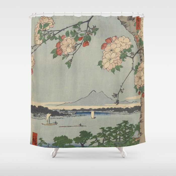 Cherry Blossoms on Spring River Ukiyo-e Japanese Art Shower Curtain