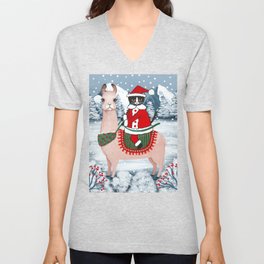 Santa Claws Cat and Llama V Neck T Shirt