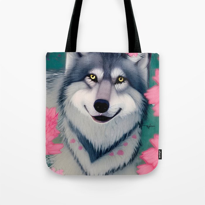 Wolf with Spring Flowers Tote Bag