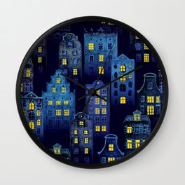 Seamless Pattern of Watercolor Old Europe Houses 05 Wall Clock | Drawing, Amsterdam, Poster, Scandinavian, Architecture, Village, Background, Backdrop, Building, Housing 