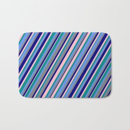 [ Thumbnail: Dark Cyan, Cornflower Blue, Grey, Blue & Pink Colored Stripes/Lines Pattern Bath Mat ]