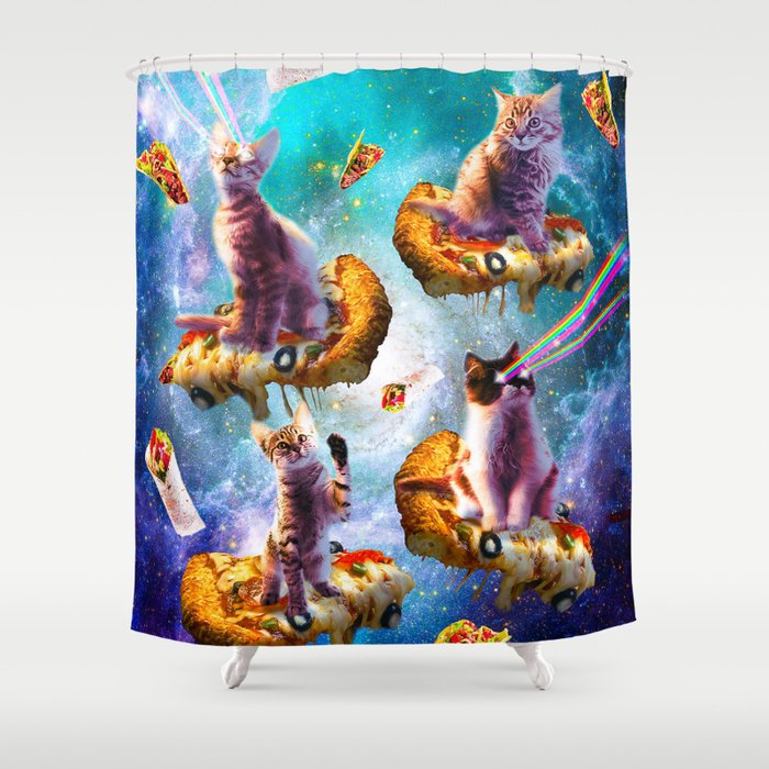 Outer Space Cats With Rainbow Laser Eyes Riding On Pizza Shower Curtain