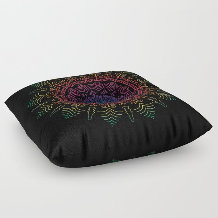 Beautiful Rainbow Floral Mandala on Black Background Floor Pillow