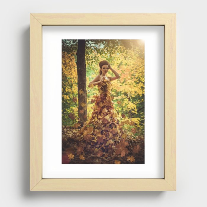 Autumn leaves; female wearing gown dress of leaves magical realism fantasy color portrait photograph / photograph  Recessed Framed Print
