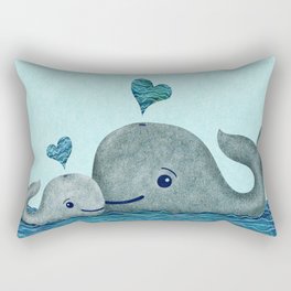 Whale Mom and Baby with Hearts in Gray and Turquoise Rectangular Pillow