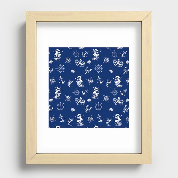 Blue And White Silhouettes Of Vintage Nautical Pattern Recessed Framed Print