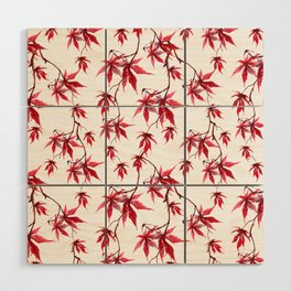Watercolor Botanical Red Japanese Maple Leaves on Solid White Background Wood Wall Art
