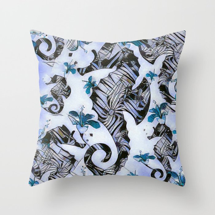 Retro Blue Seahorse Watercolor Floral Throw Pillow