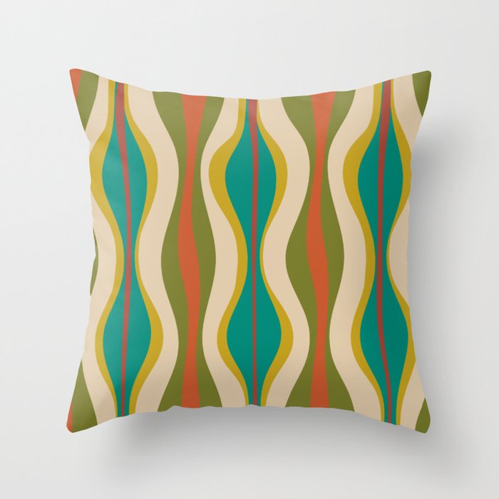 Mid-Century Modern Hourglass Abstract Pattern in Turquoise Teal, Orange, Mustard, Olive, and Mid Mod Beige Throw Pillow