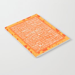 The word "Friends" in different languages of the world on an orange background with hearts Notebook